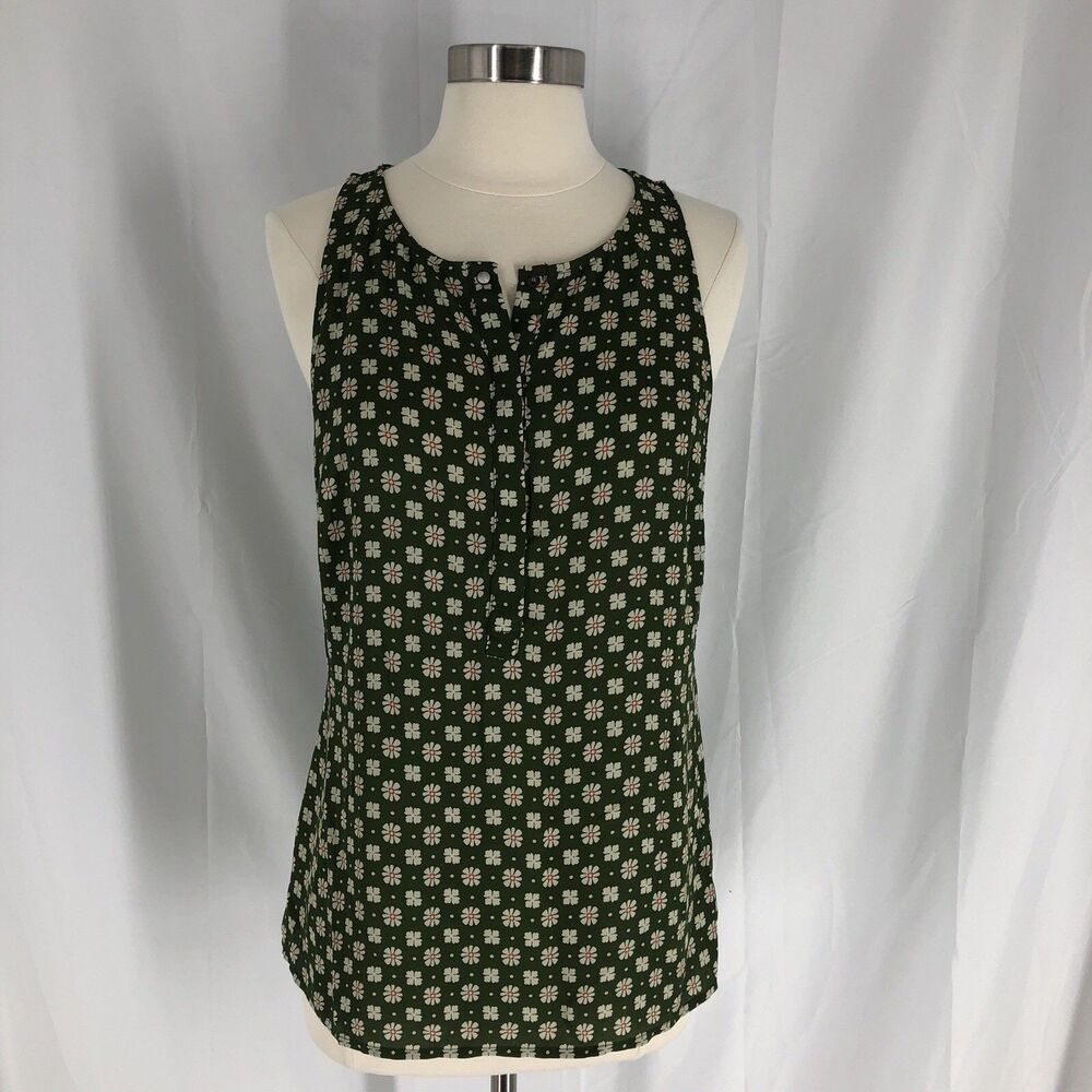 Cabi Snap Top Green Floral Sleeveless V-Neck Blouse Tank Size Small